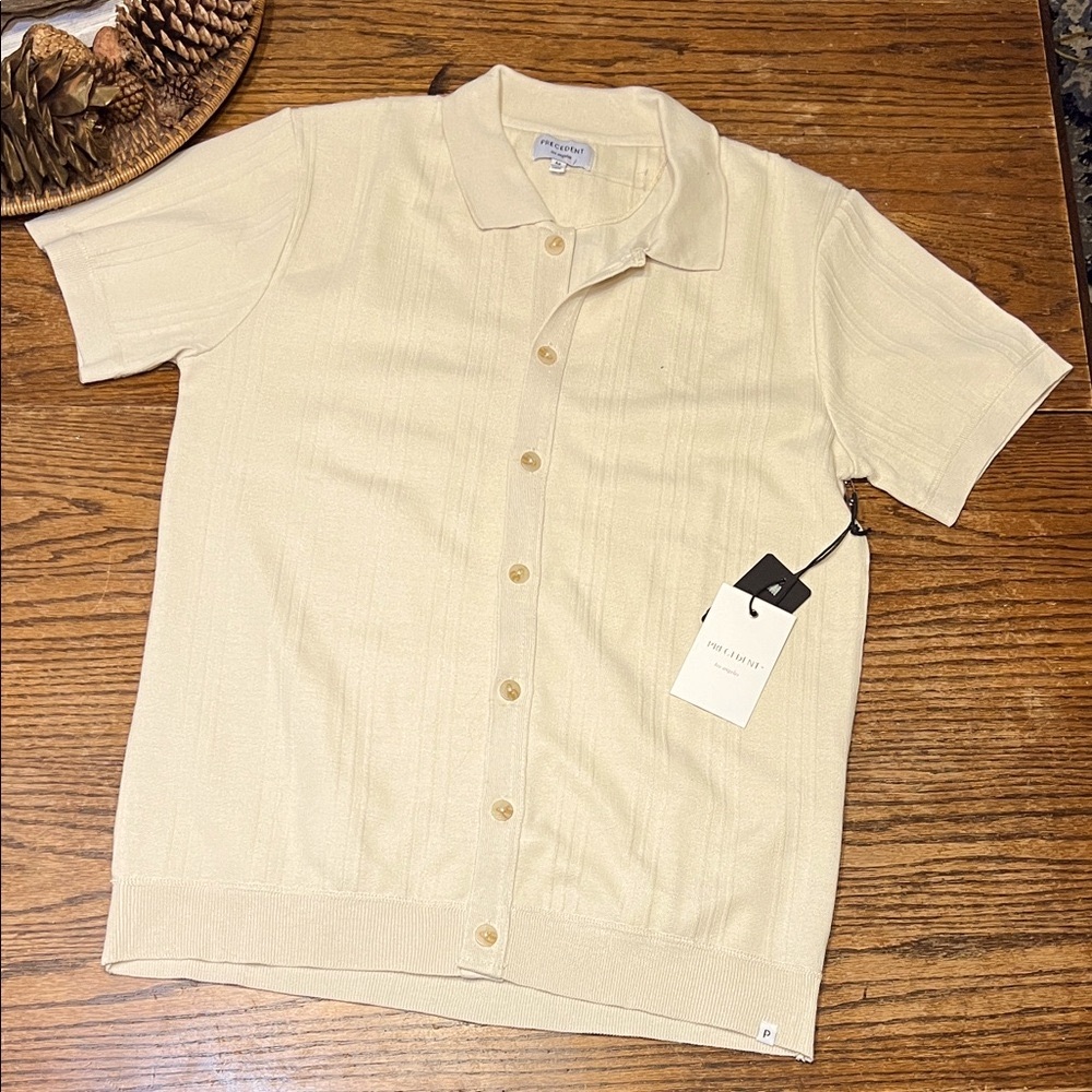 NWT Precedent Knit Ribbed Beige Casual Button Down sweater shirt